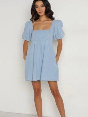 Show Me Your Mumu Smitten Babydoll Puff Sleeve Denim Dress Sky Blue Size Small